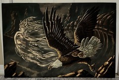 Vtg Black Velvet Eagle Native Indian Chief Buffalo Feather Sanchez MCM Painting