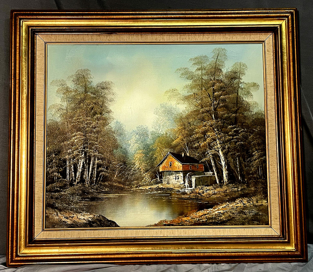 Vintage H. Wilson Oil on Canvas Landscape & Water Mill Painting