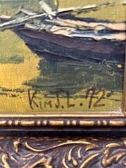 Mid-Century Modern palette knife oil painting Asian Junk Boats 1972 Kim J.L