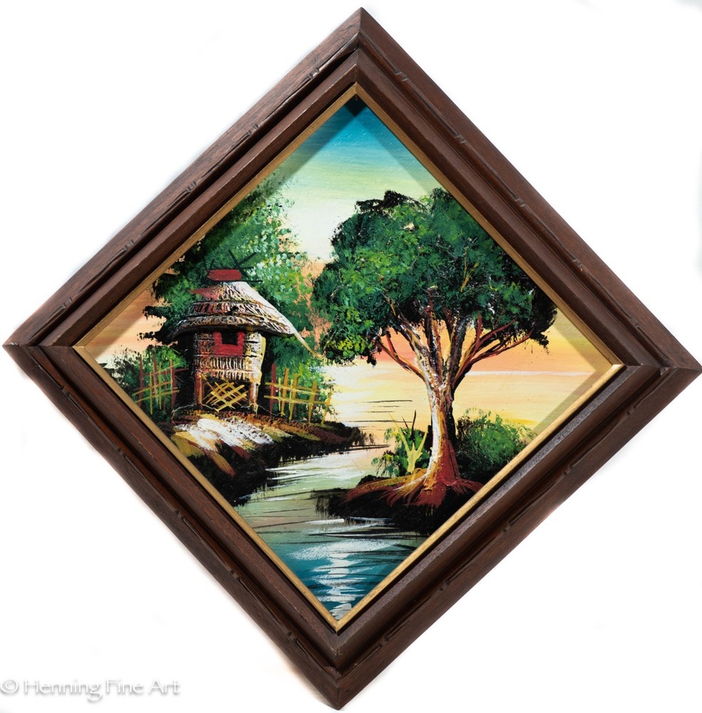 Vintage Oil Painting Southeast Asia Sunset Landscape Heavy Texturing 22×22″