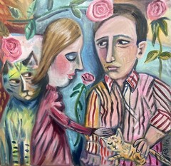 Cats People Carnations Pink kitten couple love original MBollen oil painting