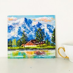 Original Painting Lake Tahoe California Pine Tree Mountain Landscape 7 x 8″