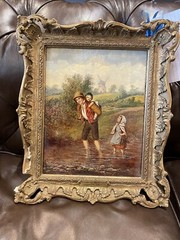 Antique oil painting . Crossing The Stream. . signed Wright. circa 1860