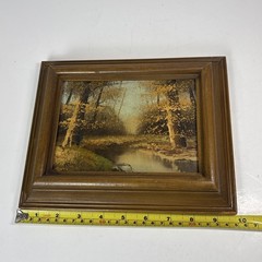 Vtg Landscape Oil Painting Artist Signed Autumn Forest River Chunky Wood Frame