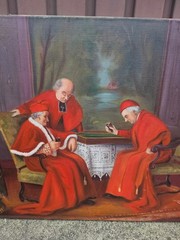 Antique Oil canvas painting cardinals playing Board game interior religious