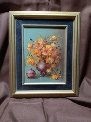 M.Varga signed floral and vase art on wood 9 1/2” by 11 1/2”