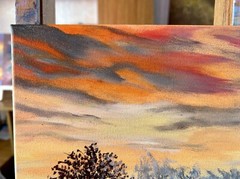 Wintery scenery with sunset and snow original oil painting on canvas 16″x12″