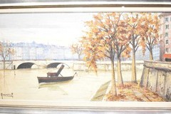 Framed Painted Panel Amendola Depicting Seaside With Pier And Boat 140×80 Cm