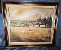 Oil Painting XXL Vintage Landscape Signed Houses France Church With Frame