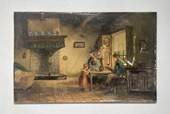 Antique Original Old Oil Painting Porcelain Tile -Family Hearth -Signed, 1868