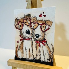 Cute Dog Couple Heart Glasses ACEO Original Watercolor Painting Folk Art OOAK