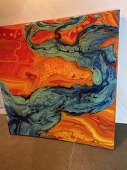 Abstract Wall Art Fluid Resin Vibrant Orange Blue Modern 12 X 12” Gift