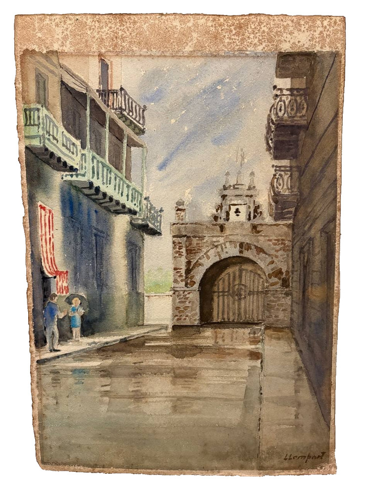 Vintage Llompart Watercolor Painting Old San Juan Puerto Rico Street Gate Art