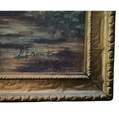 1912 Painting B – Water Boat w Man Stone Bridge Clouds Landscape Low Light 20×10