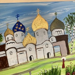 Original Painting Art Russian Eastern Orthodox Church Flower Tree Landscape