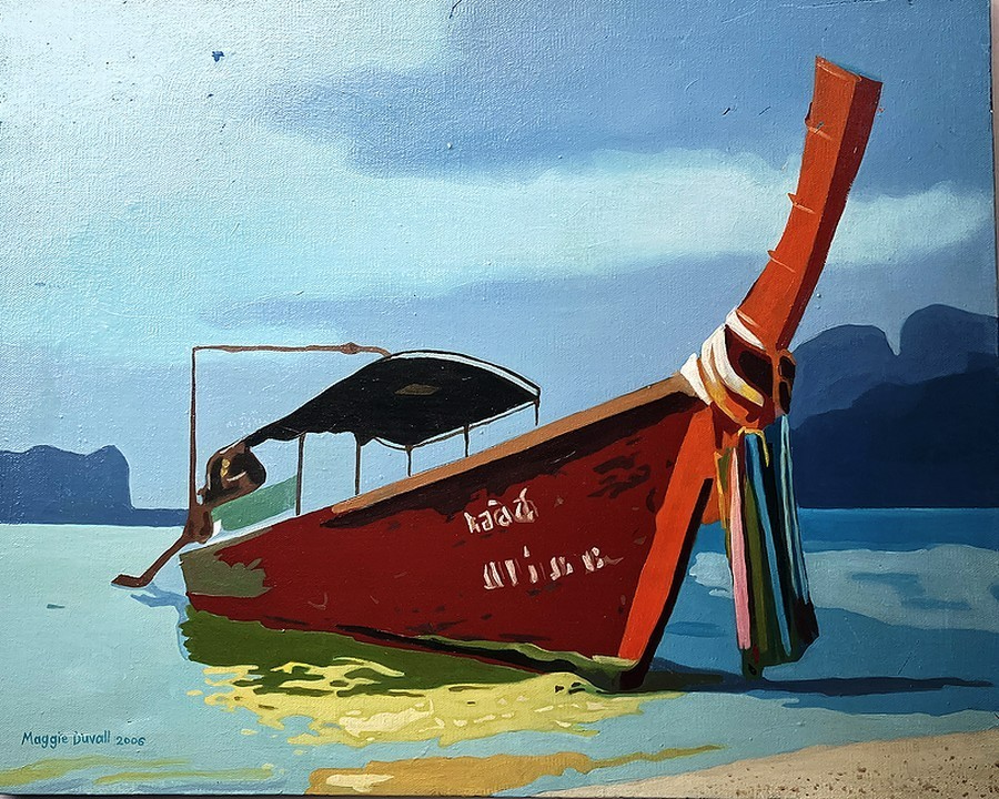 Maggie Duvall Signed 2006 Oil Painting Thai Longboat on Canvas 20×16