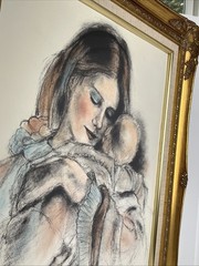Pastel & Charcoal Art Mother w’ Child Artist Levin 1975 BEAUTIFUL VINTAGE FRAME