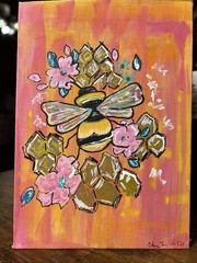 Bee Painting Bumblebee Gold Pink 5×7 Acrylic On Canvas Board