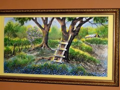 GORGEOUS Bluebonnet Landscape Blooming Tree Flowers Fence WTC Vintage Painting