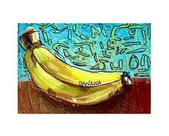 aceo atc original artist trading card Watercolor painting abstract banana doodle