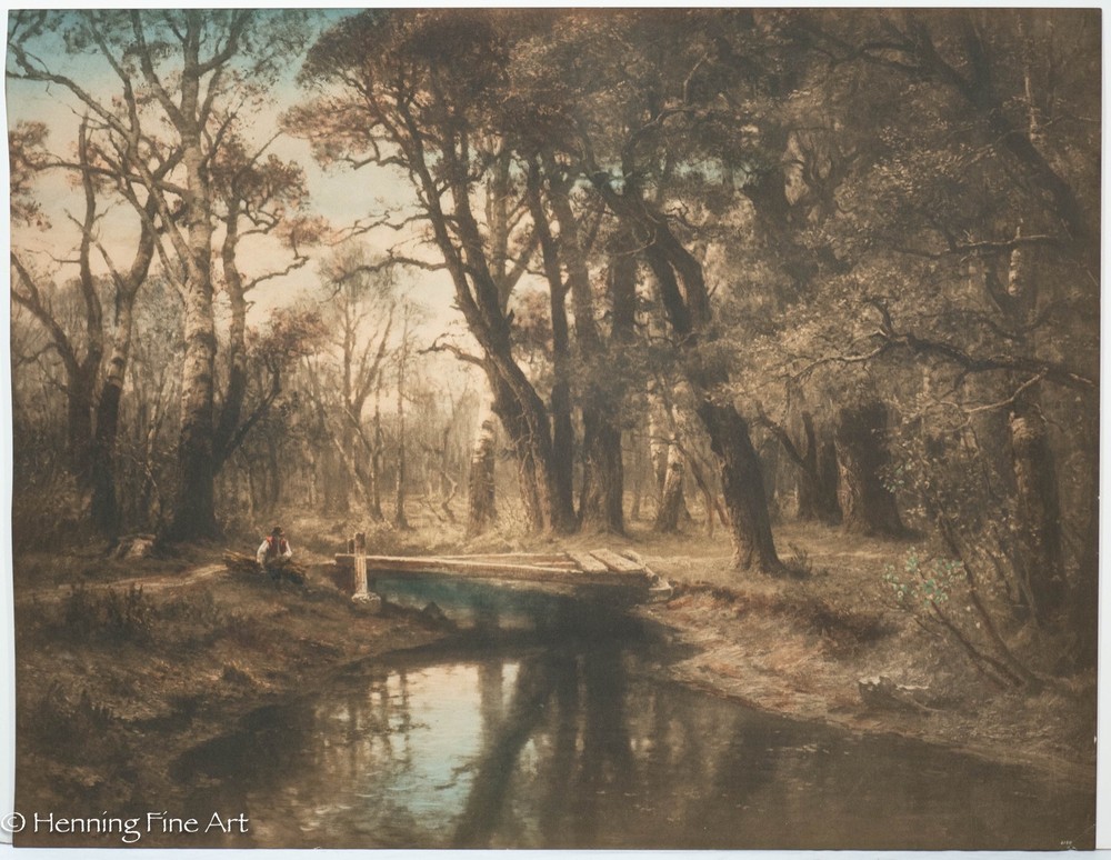 Antique Lithograph of Romantic Wooded Landscape w/ Figure by Stream