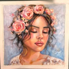 Original Oil, girl Portrait, bridal painting, flower girl