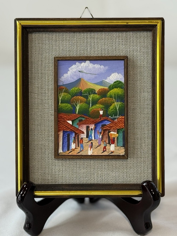 Vintage Miniature Folk Art Painting Village Scene By Contreras Signed