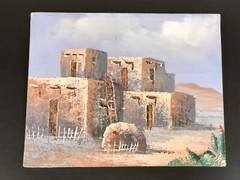 Vtg 90’s 8×10 Oil Painting Southwest/Native American Adobe Houses Cactus Desert