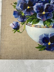 Original Floral Still Life Painting Blue Pansies in Bowl Linen on Board Signed