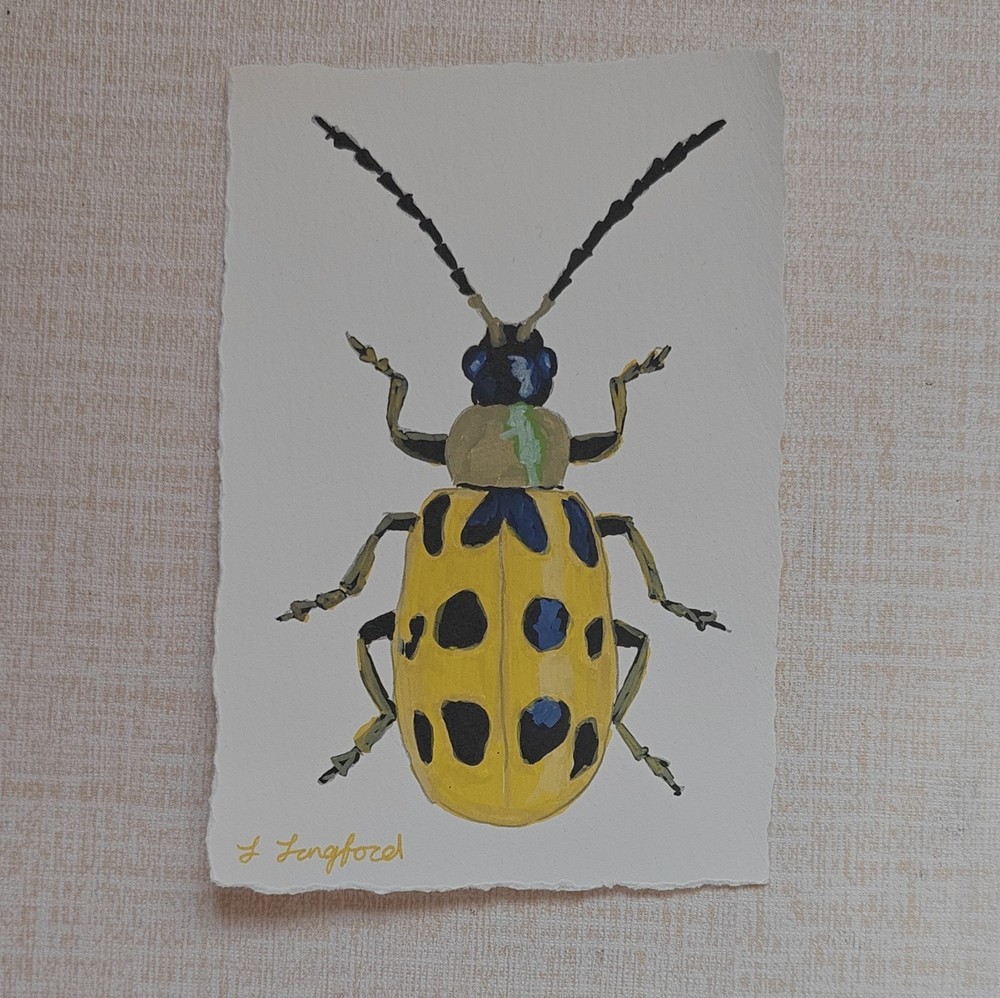 Original Beetle Painting Small Acrylic on Handmade Cotton Paper Deckled Edge