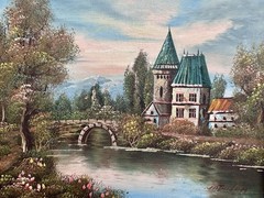 Matilda Signed Framed Impressionist Canvas Landscape Castle Bridge River, Small