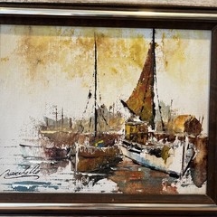 Vintage 1960’s Italian Oil Painting Boats In Harbor Scene Framed and Signed