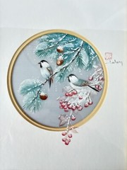 J CHENG Signed Watercolor Painting on Silk Chickadees In Pine And Berries Framed