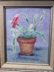 Pointillism Oil on Board Vintage Impressionist Still Life, Framed Signed Veloso