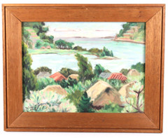 Mid Century Coastal Village Scene Village Oil Painting Illegible Signature 1952