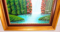OIL PAINTING ON CANVAS SIGNED GORGEOUS LANDSCAPE RIVER WATERFALL FOREST