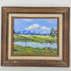 Vintage found wood framed acrylic landscape painting on board countryside signed