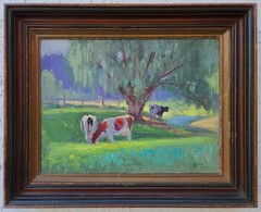 GERMAN OIL Antique ~ IMPRESSIONIST PLEIN AIR ~ 1908 Listed Artist COW LANDSCAPE
