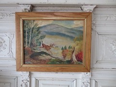 1968 Vintage OIL PAINTING DEER Woods Forest Trees Mountains Scenery in FRAME