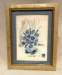 Original Vtg Small Watercolor Painting Gold Framed Art Blue Flowers Floral 9×7
