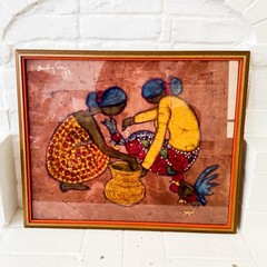 Vintage 1973 Malaysian Batik Painting Signed Village Women Rooter Folk Art Frame