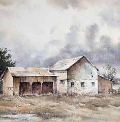 Howard Rees original watercolor farmhouse barn signed and framed 28 x 22 inches