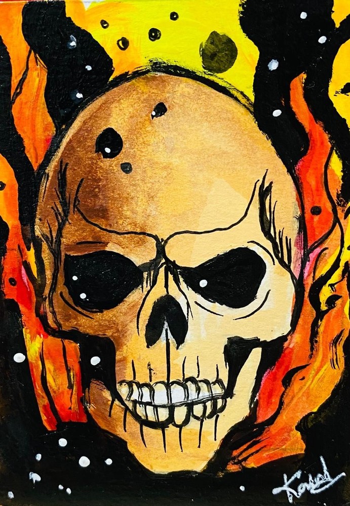 Skull Fire ACEO Original Acrylic Painting Dark Gothic Horror Fantasy Art OOAK