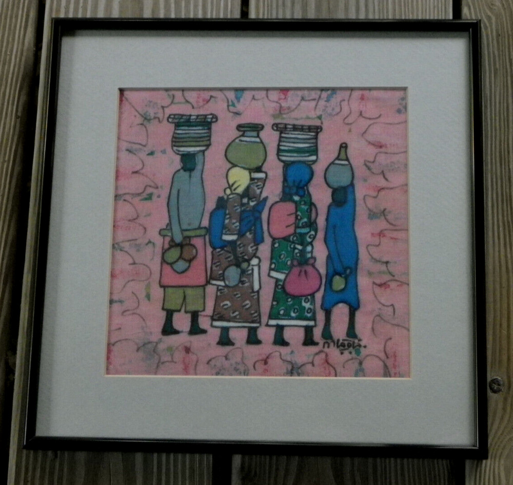 11 1/4″x11 1/4″ Framed Painting On Cloth-4 Native Women-San Blas Islands-Signed