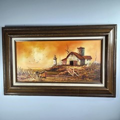 Everett Woodson Coastal Oil Painting, Large Framed Sunset Landscape