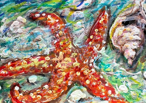 ORIGINAL ACEO Painting BEACH Seashell Ocean Sand Starfish Summer Shore ATC ART