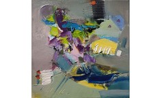 Abstract oil painting 8″x8″ Contemporary art, Angel, Gray, Blue, Yellow, Impasto