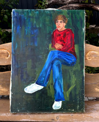Handmade oil painting boy Ukrainian vintage 1960s Length 27inch Width19