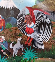 Vibrant lively Ecuadoran Tigua folk Art Painting Golden Owl 2 Dogs and Rays Sun