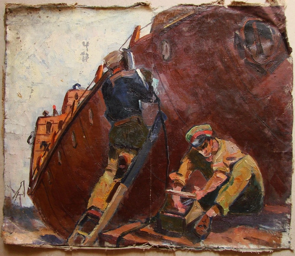 Ukrainian Soviet Oil Painting impressionism socrealism industrial boat workers